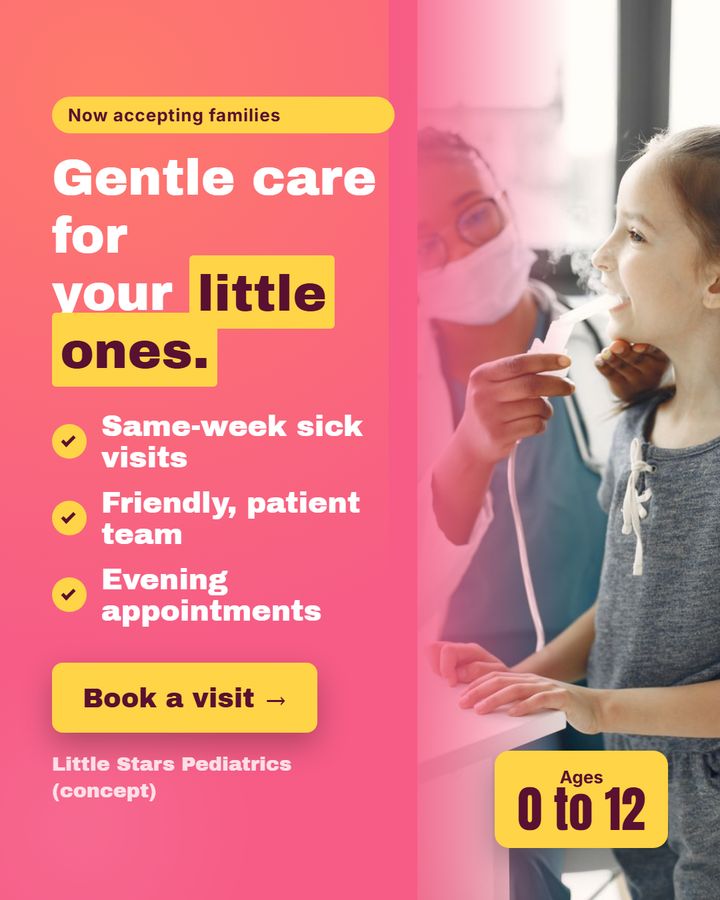 Pediatric clinic concept: headline, three benefits and an age badge over a photo