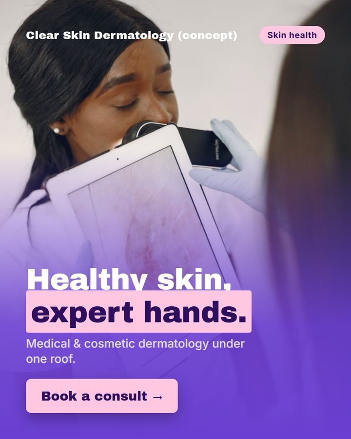 Dermatology concept: bold headline over a clinical photo