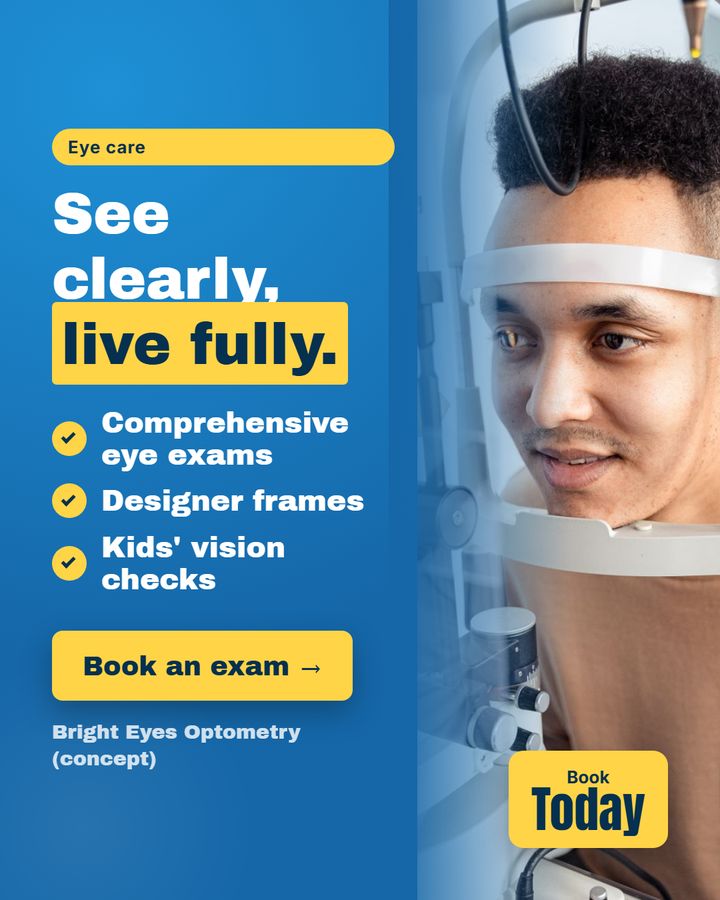 Optometry concept: headline, service checklist and a booking badge